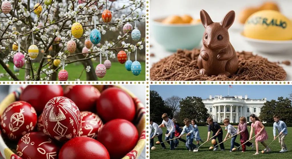 A vibrant collage showing different Easter traditions a German Easter Egg Tree, a chocolate Easter Bilby, red Greek Easter eggs, and children at the White House Easter Egg Roll.