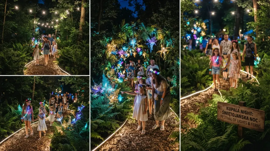 A modern interpretation of a Kupala ritual: an art installation in a public Polish park featuring glowing, LED-lit 'Fern Flowers' hidden among real ferns. Families and children exploring the illuminated path at night. Magical, whimsical, and contemporary.
