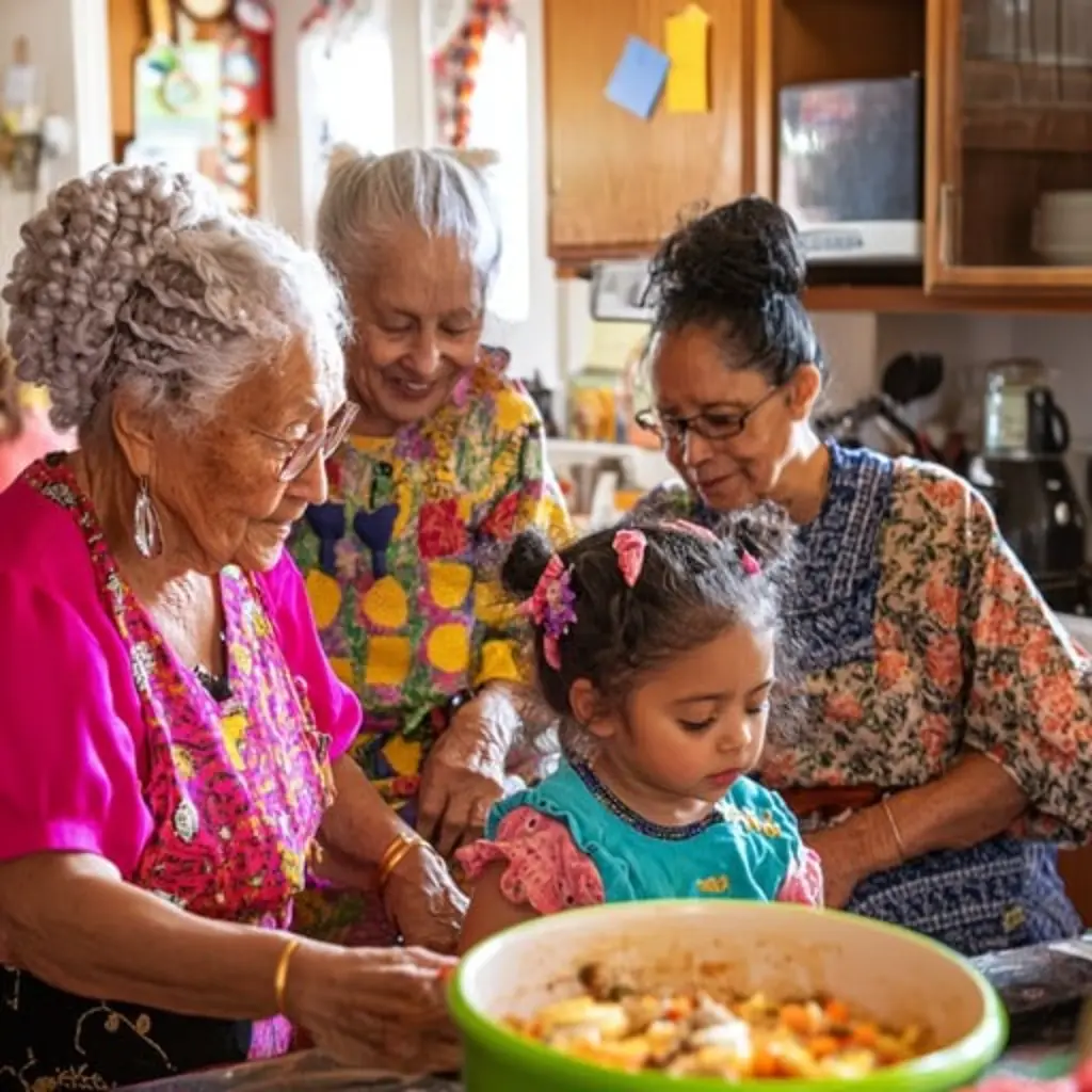 Multi-generational family cooking traditional recipe together in kitchen, laughing and stirring pot