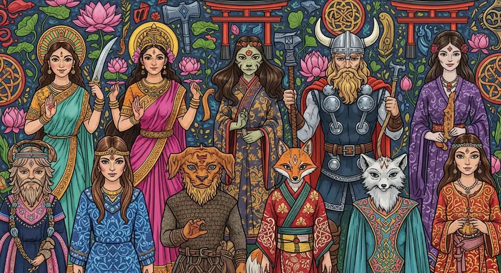 Mythological Icons In Folk Attire Spiritual Creatures And Deity Patterns